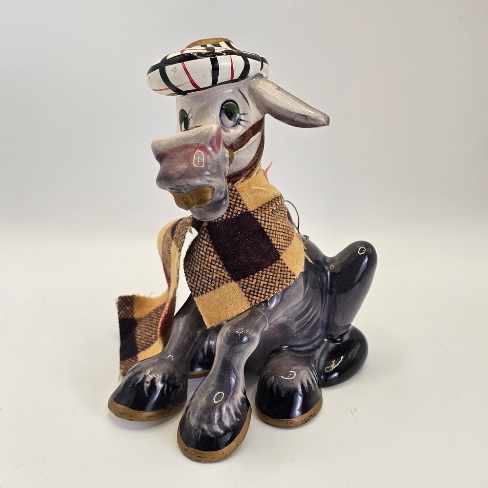 Vintage Enesco Japan Ceramic Donkey Figurine Plaid Hat Scarf Kitsch Grey Burro